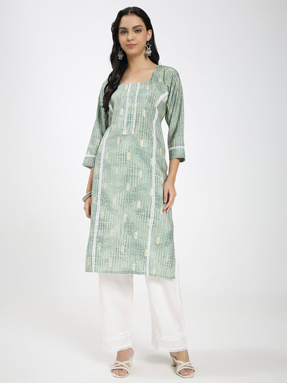 Sage Green Printed Kurta with White Straight Pants
