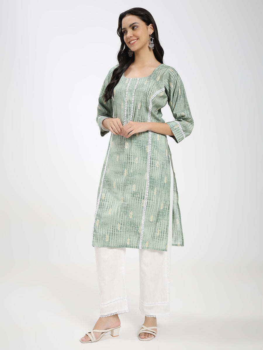 Sage Green Printed Kurta with White Straight Pants