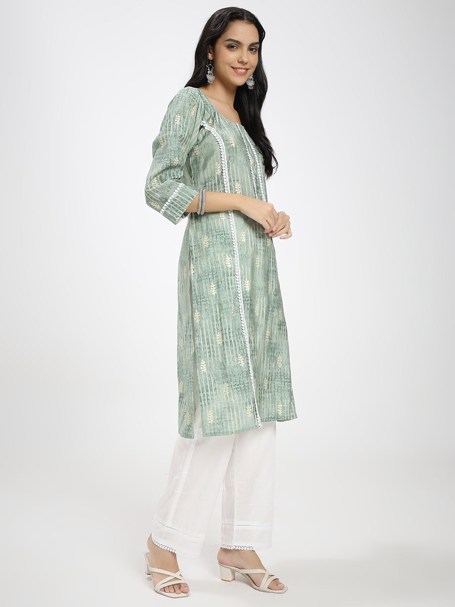 Sage Green Printed Kurta with White Straight Pants