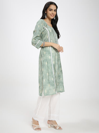 Sage Green Printed Kurta with White Straight Pants