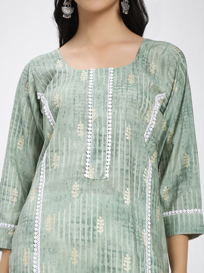 Sage Green Printed Kurta with White Straight Pants