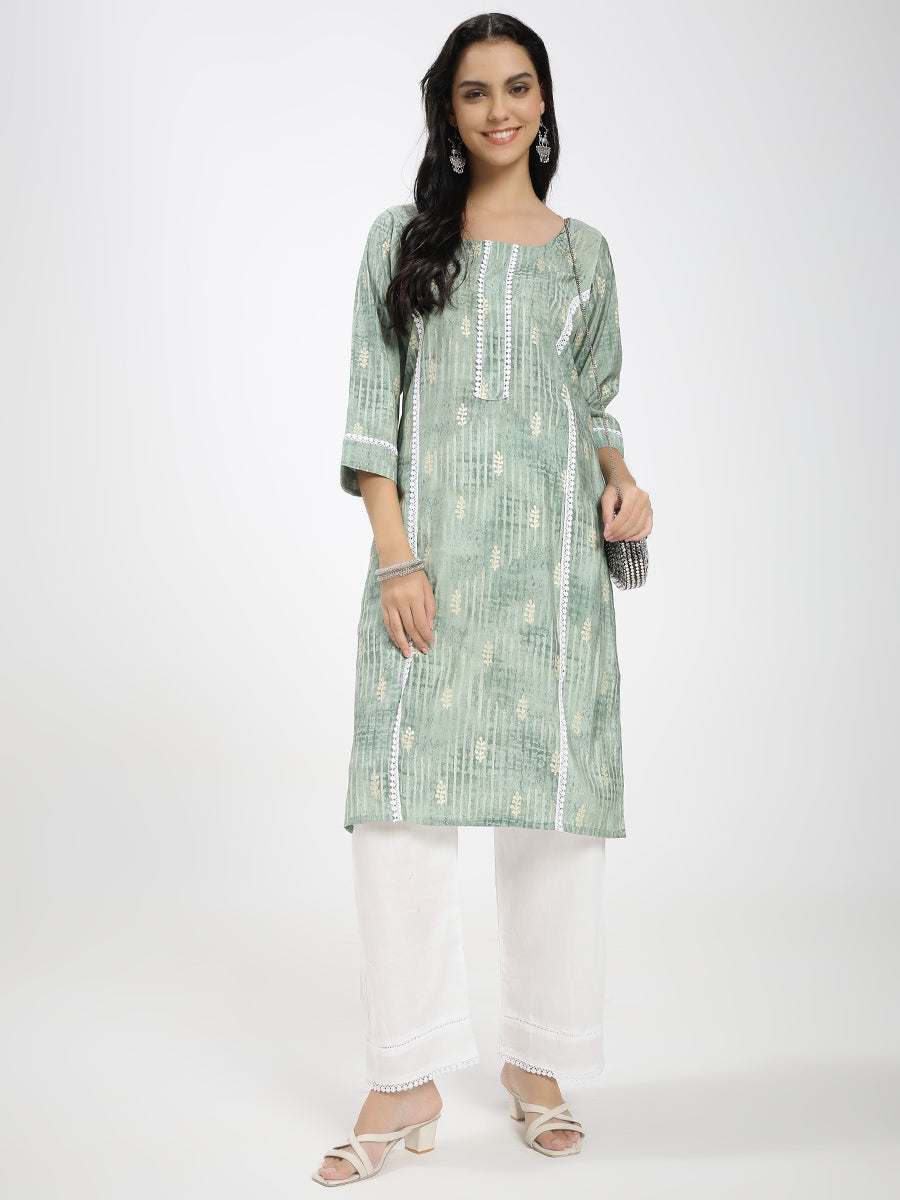 Sage Green Printed Kurta with White Straight Pants