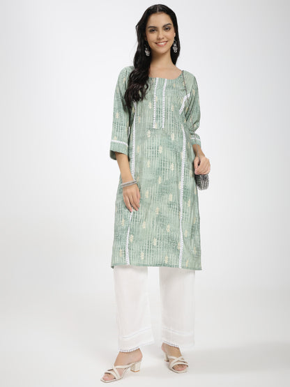 Sage Green Printed Kurta with White Straight Pants