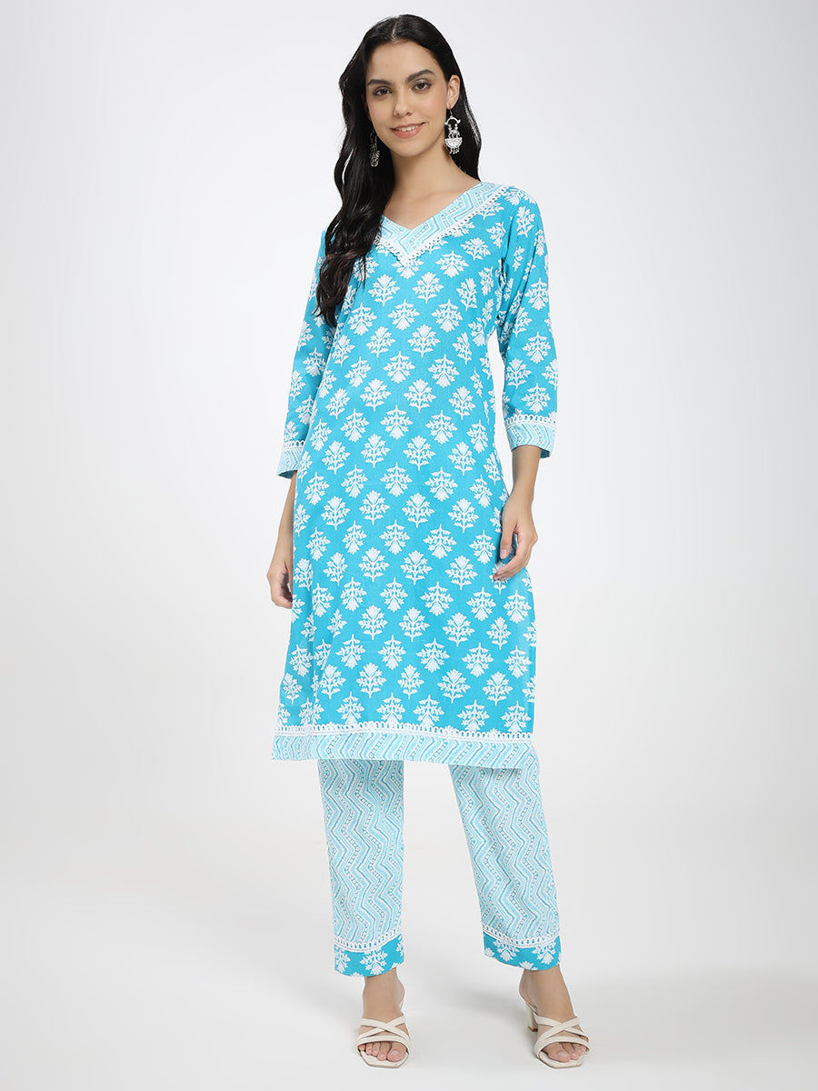 Sky Blue Printed Cotton Kurta with Matching Straight Pants