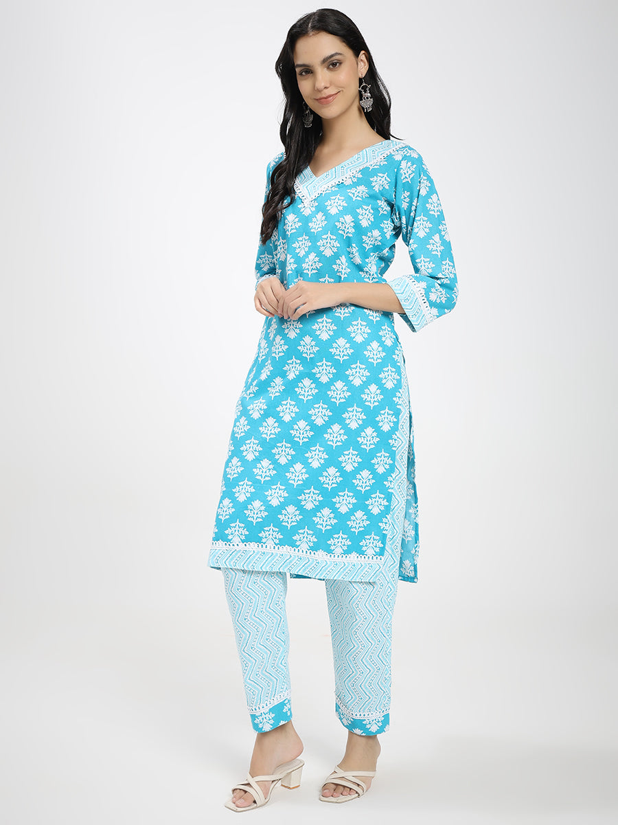 Sky Blue Printed Cotton Kurta with Matching Straight Pants