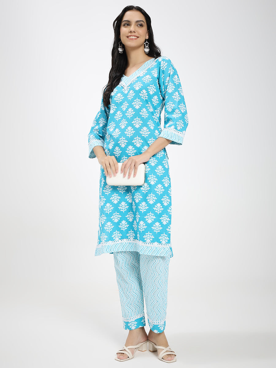 Sky Blue Printed Cotton Kurta with Matching Straight Pants