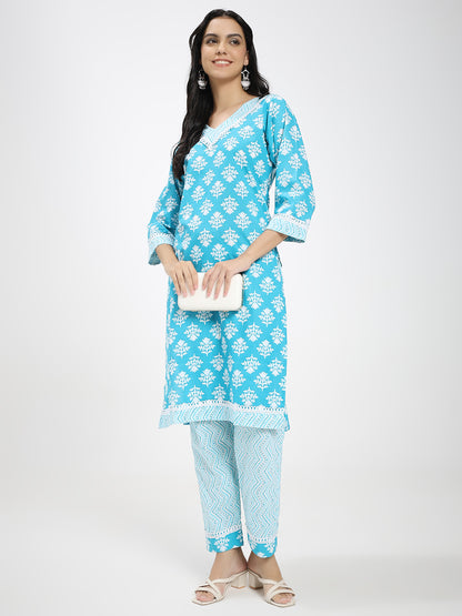 Sky Blue Printed Cotton Kurta with Matching Straight Pants
