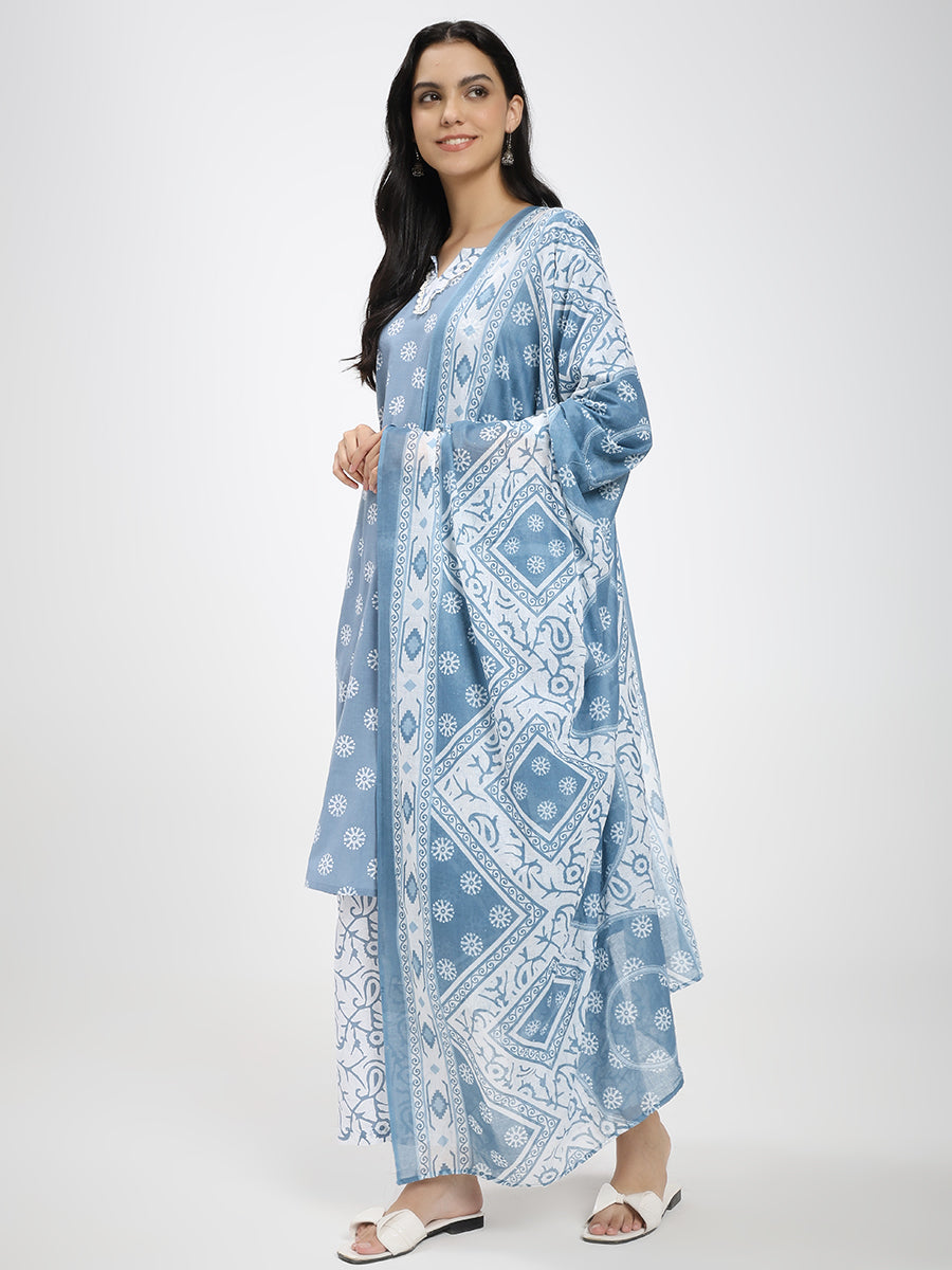 Blue & White Cotton Printed Kurta Pant Dupatta Set