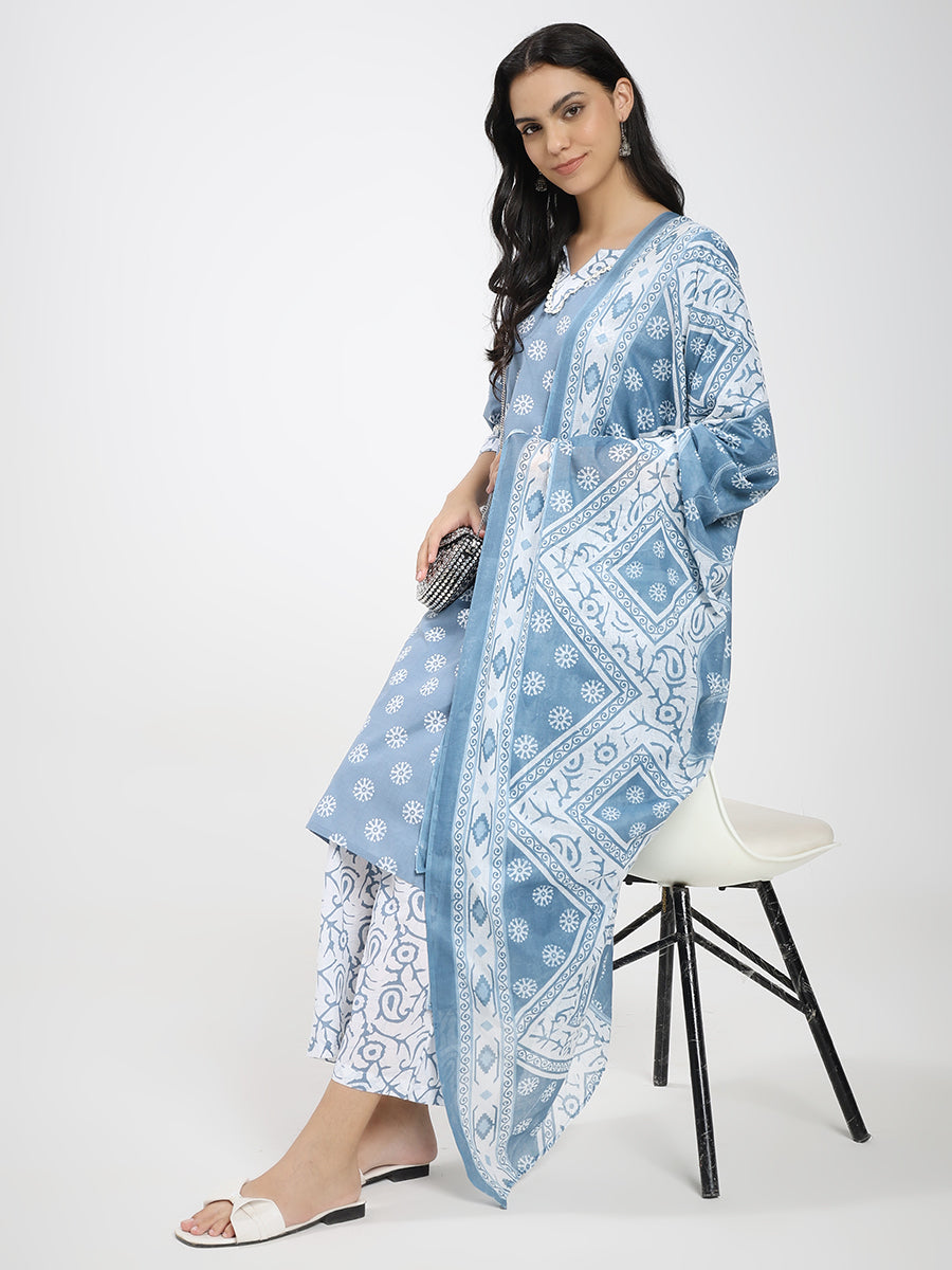 Blue & White Cotton Printed Kurta Pant Dupatta Set