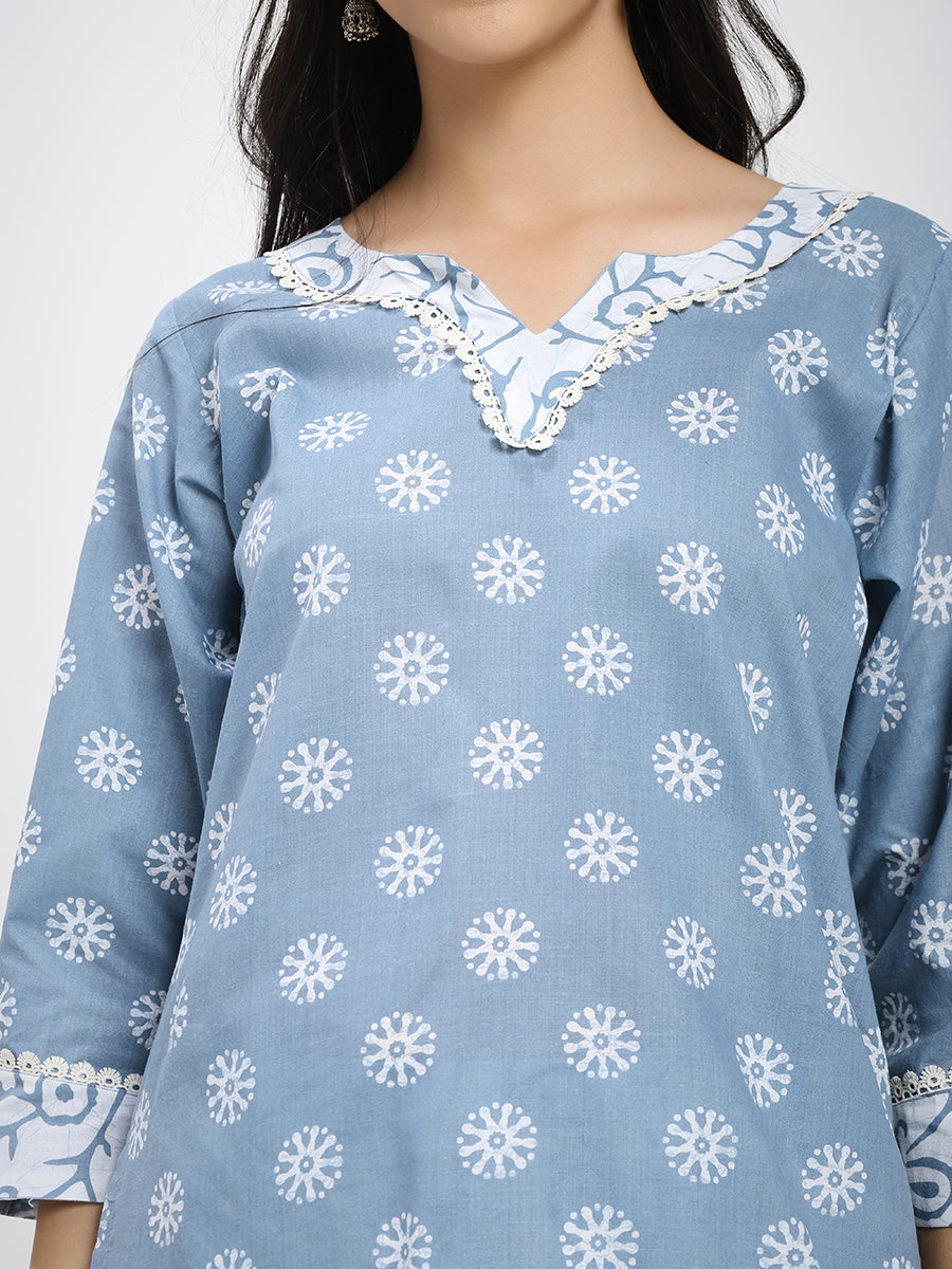 Blue & White Cotton Printed Kurta Pant Dupatta Set