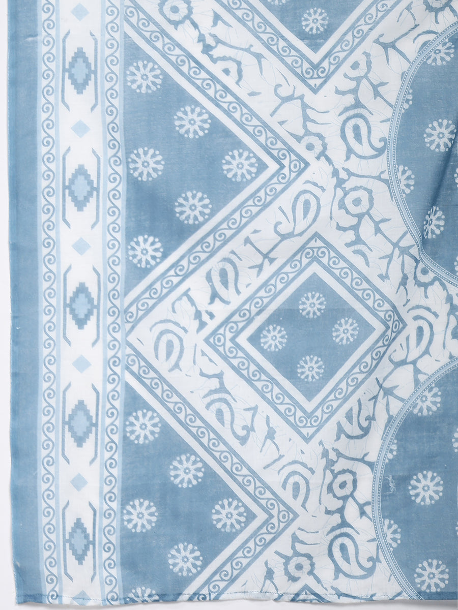 Blue & White Cotton Printed Kurta Pant Dupatta Set