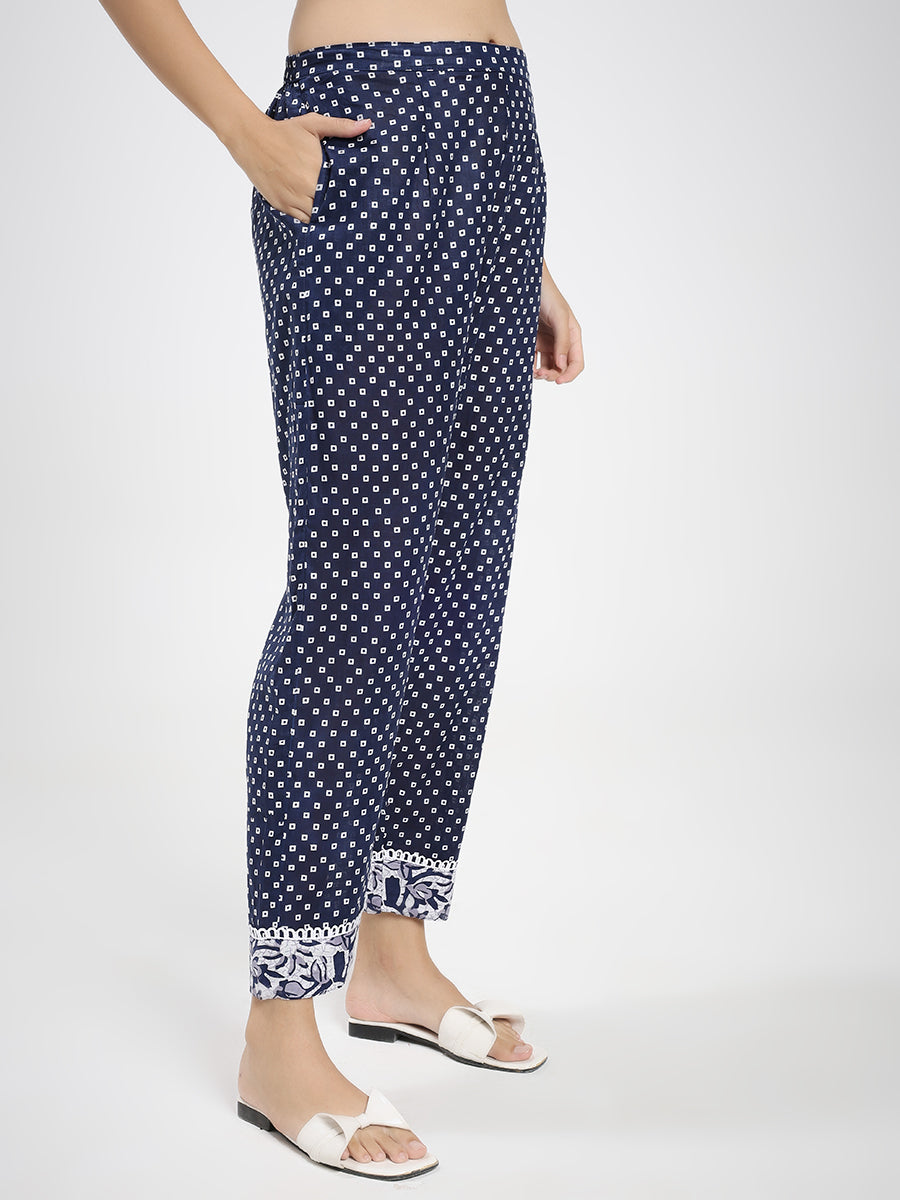 Navy Blue & White Cotton Printed Kurta Pant Dupatta Set