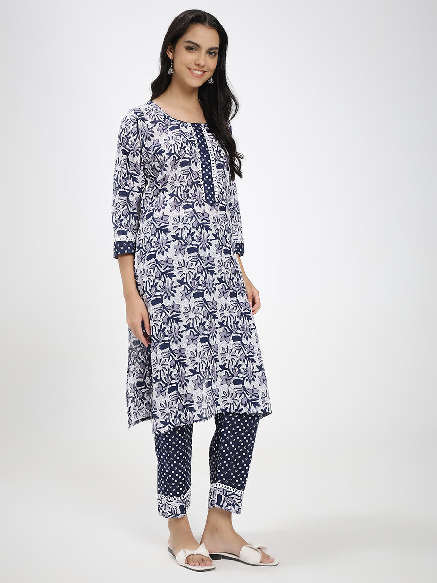 Navy Blue & White Cotton Printed Kurta Pant Dupatta Set
