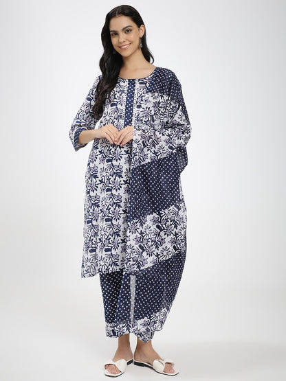 Navy Blue & White Cotton Printed Kurta Pant Dupatta Set