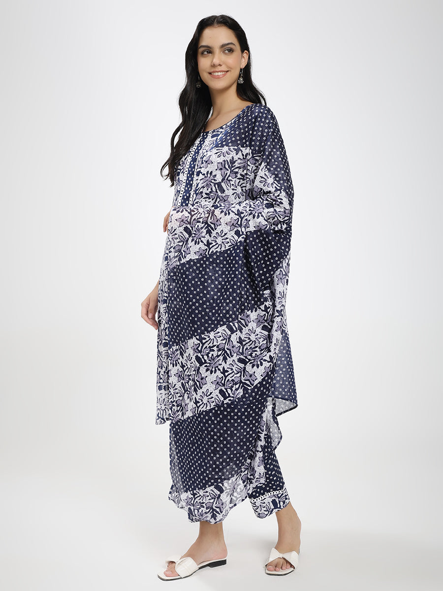 Navy Blue & White Cotton Printed Kurta Pant Dupatta Set