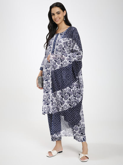 Navy Blue & White Cotton Printed Kurta Pant Dupatta Set