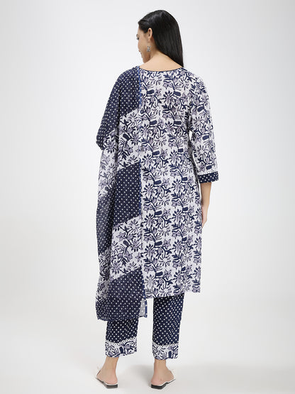 Navy Blue & White Cotton Printed Kurta Pant Dupatta Set