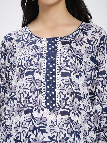 Navy Blue & White Cotton Printed Kurta Pant Dupatta Set