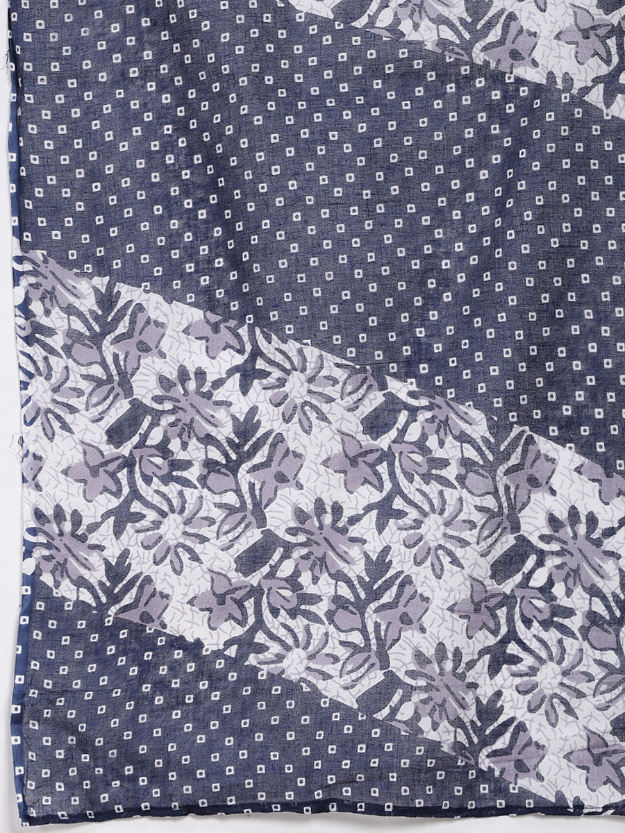 Navy Blue & White Cotton Printed Kurta Pant Dupatta Set