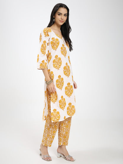 Yellow & White Cotton Printed Kurta Pant Dupatta Set