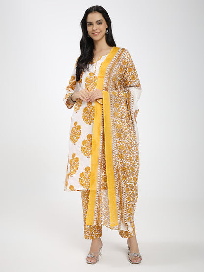 Yellow & White Cotton Printed Kurta Pant Dupatta Set