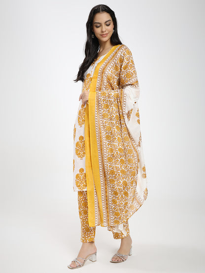 Yellow & White Cotton Printed Kurta Pant Dupatta Set