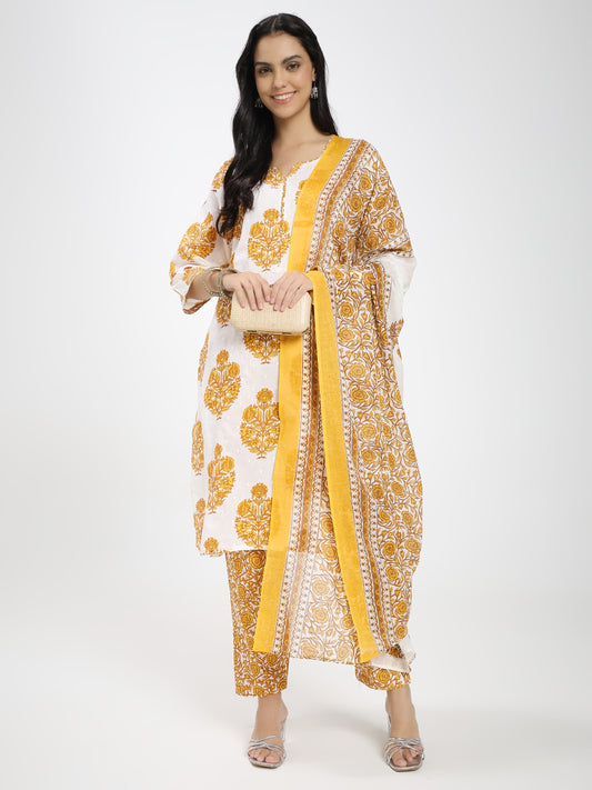 Yellow & White Cotton Printed Kurta Pant Dupatta Set