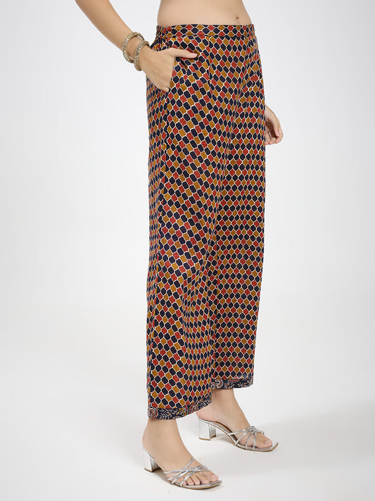 Navy Blue & Brown Cotton Printed Kurta Pant Dupatta Set