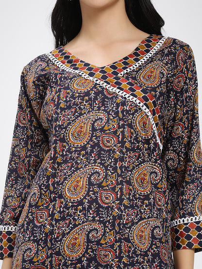 Navy Blue & Brown Cotton Printed Kurta Pant Dupatta Set