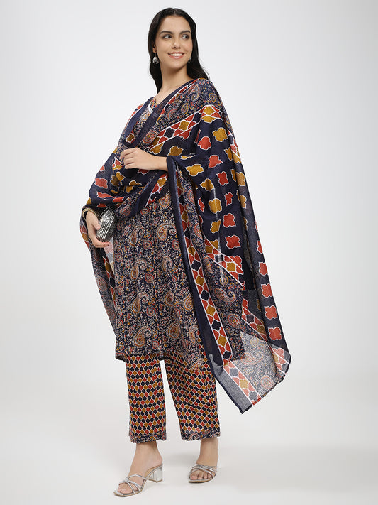 Navy Blue & Brown Cotton Printed Kurta Pant Dupatta Set