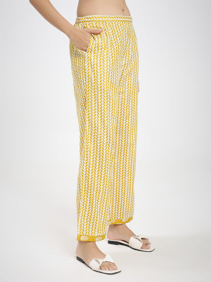 Mustard Yellow & White Cotton Printed Kurta Pant Dupatta Set