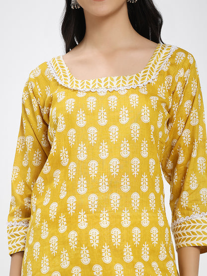 Mustard Yellow & White Cotton Printed Kurta Pant Dupatta Set