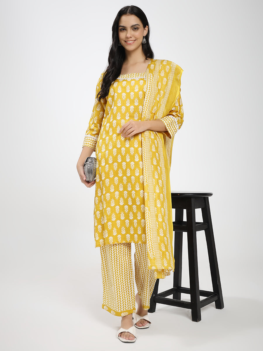 Mustard Yellow & White Cotton Printed Kurta Pant Dupatta Set