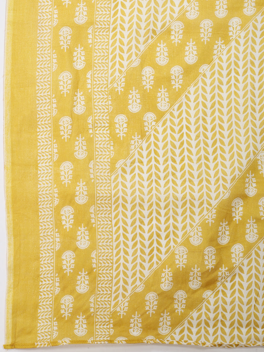 Mustard Yellow & White Cotton Printed Kurta Pant Dupatta Set