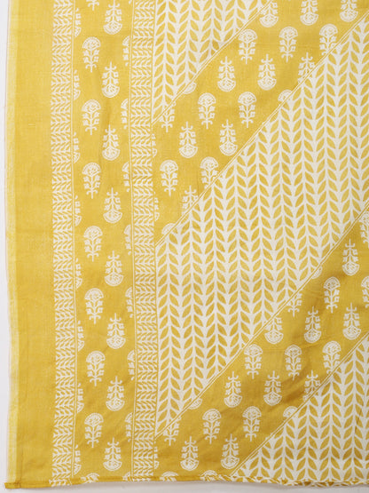 Mustard Yellow & White Cotton Printed Kurta Pant Dupatta Set