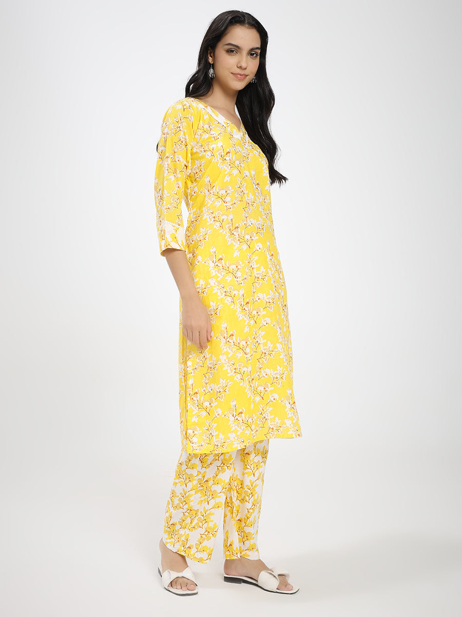 Bright Yellow & White Floral Printed Kurta Pant Dupatta Set