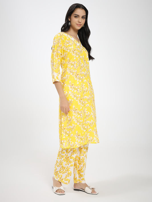 Bright Yellow & White Floral Printed Kurta Pant Dupatta Set