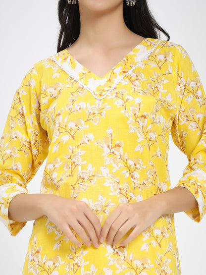 Bright Yellow & White Floral Printed Kurta Pant Dupatta Set