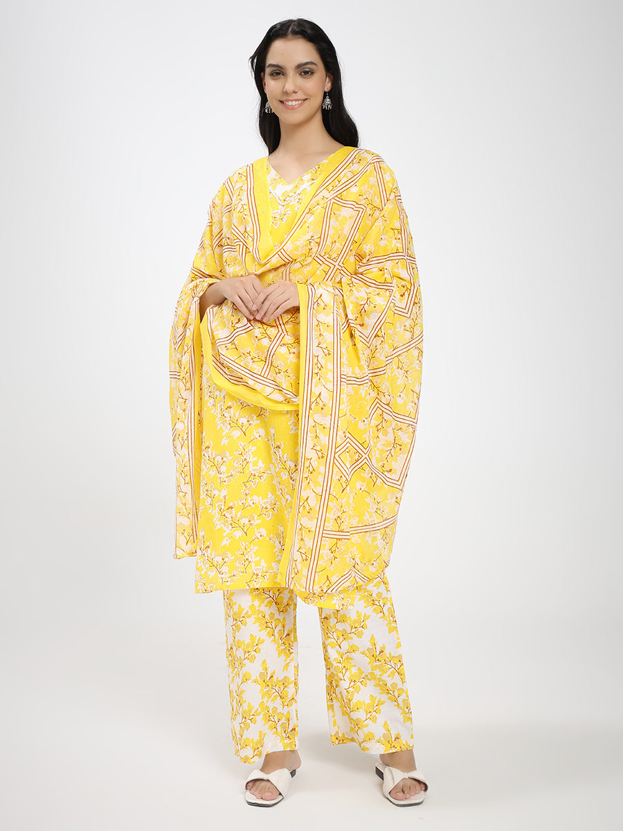 Bright Yellow & White Floral Printed Kurta Pant Dupatta Set