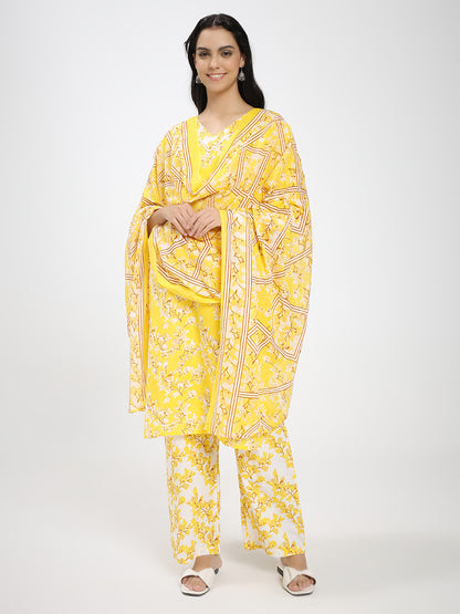 Bright Yellow & White Floral Printed Kurta Pant Dupatta Set