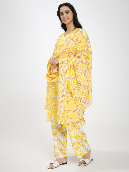 Bright Yellow & White Floral Printed Kurta Pant Dupatta Set