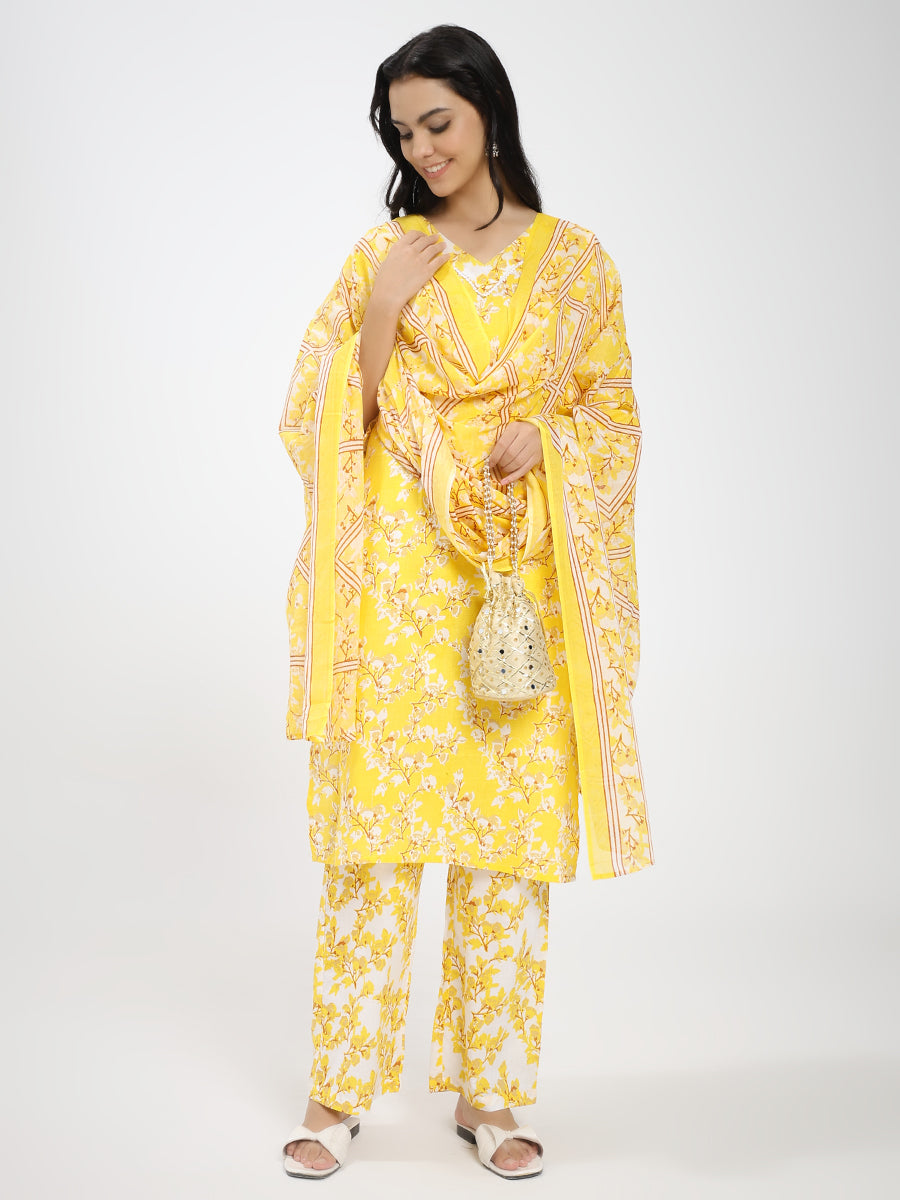 Bright Yellow & White Floral Printed Kurta Pant Dupatta Set