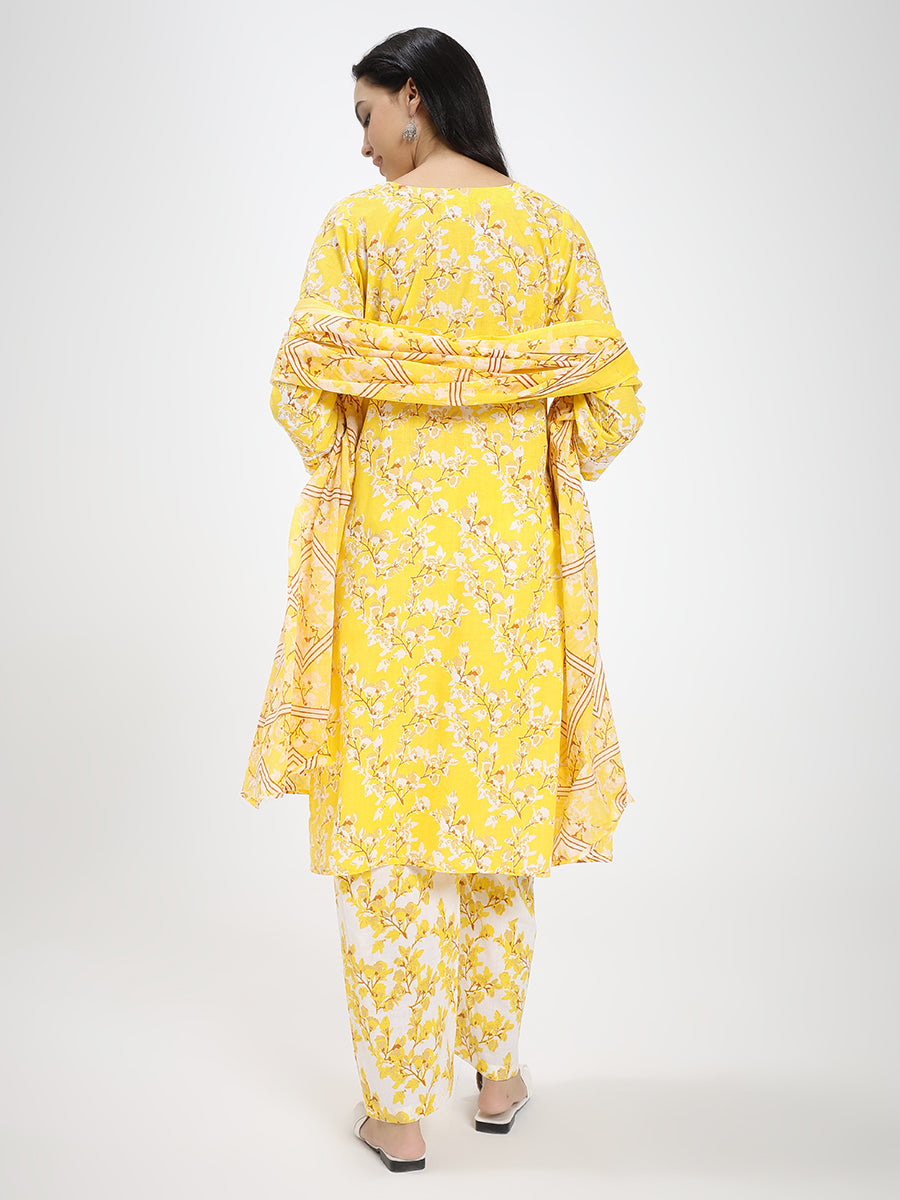Bright Yellow & White Floral Printed Kurta Pant Dupatta Set