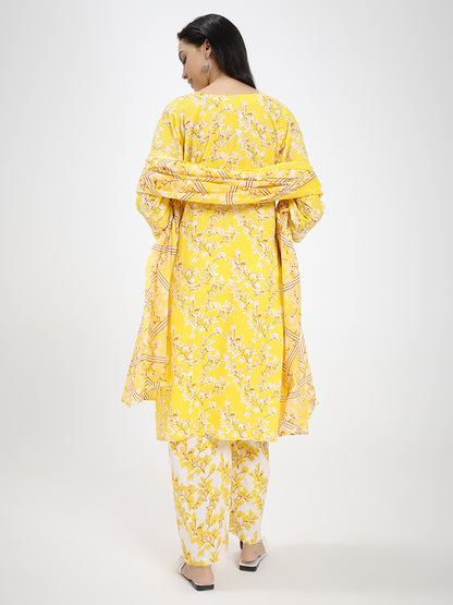 Bright Yellow & White Floral Printed Kurta Pant Dupatta Set