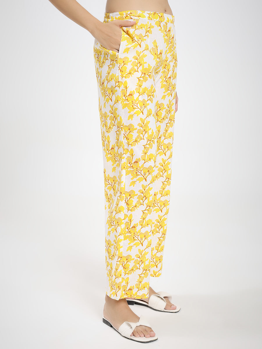 Bright Yellow & White Floral Printed Kurta Pant Dupatta Set