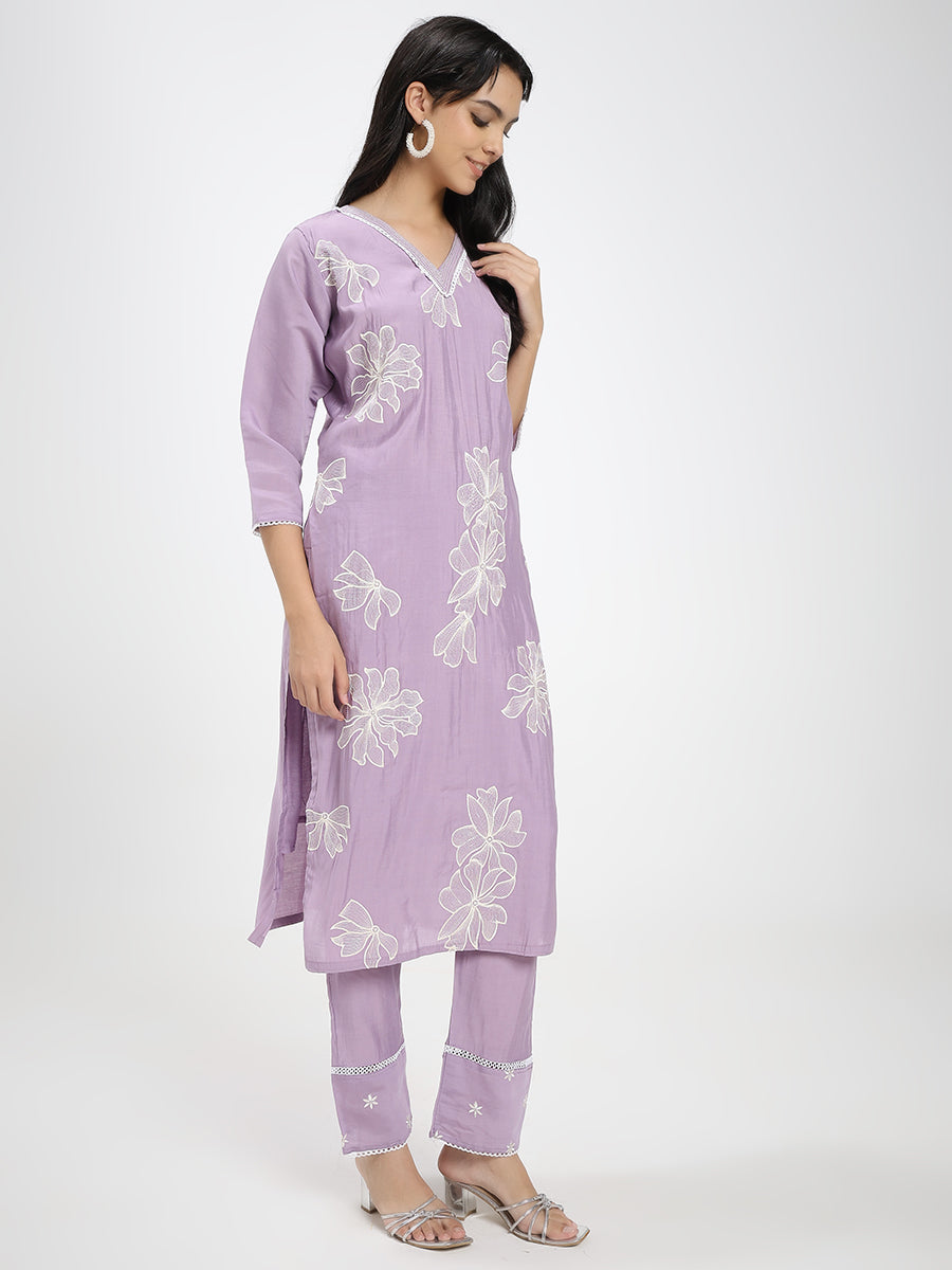 Lavender Floral Embroidered Roman Silk Kurta Pant Dupatta Set