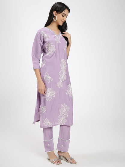 Lavender Floral Embroidered Roman Silk Kurta Pant Dupatta Set