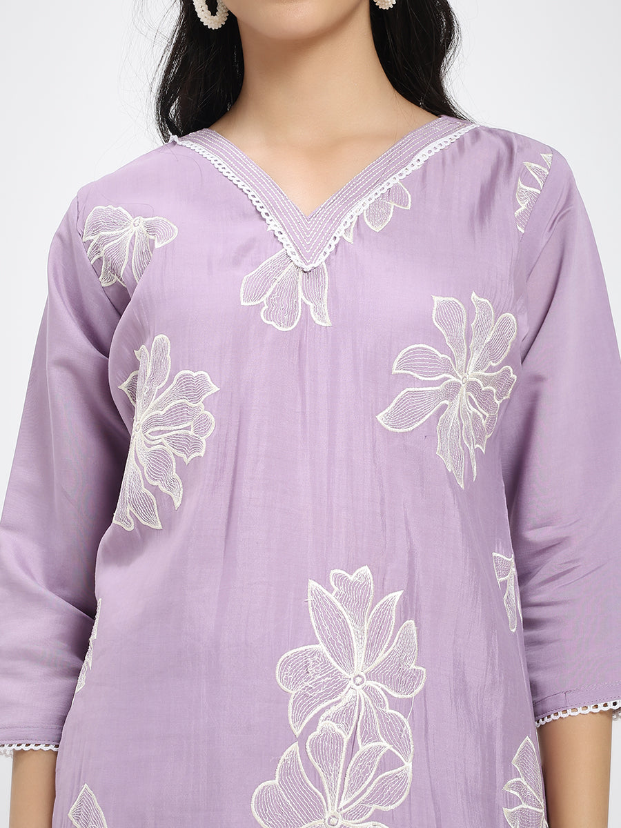 Lavender Floral Embroidered Roman Silk Kurta Pant Dupatta Set