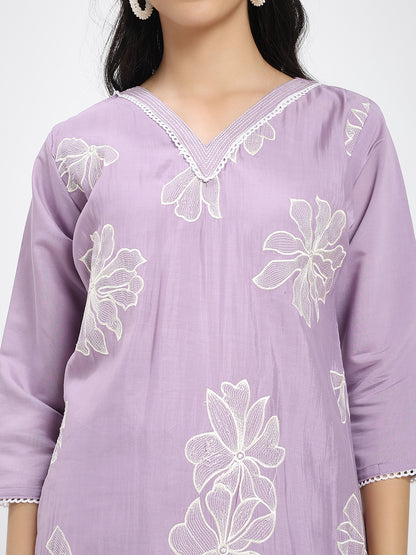 Lavender Floral Embroidered Roman Silk Kurta Pant Dupatta Set