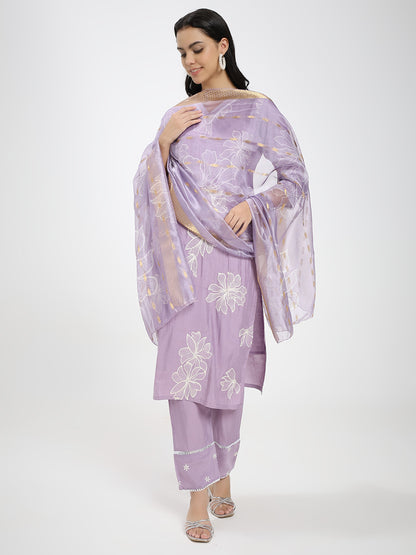 Lavender Floral Embroidered Roman Silk Kurta Pant Dupatta Set